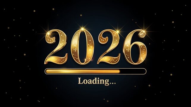 Golden 2026 text with a loading bar and sparkling particles on a dark background symbolizing the upcoming new year