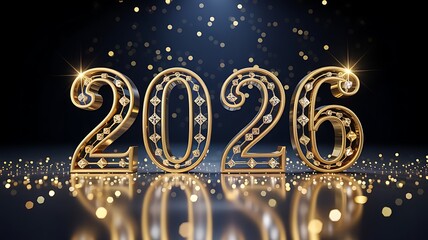 Glowing golden numbers 2026 illuminated with festive lights against a dark bokeh background with falling stars