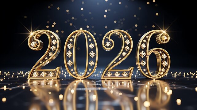 Sparkling golden numbers 2026 illuminated with diamonds and glittering lights on a dark reflective surface