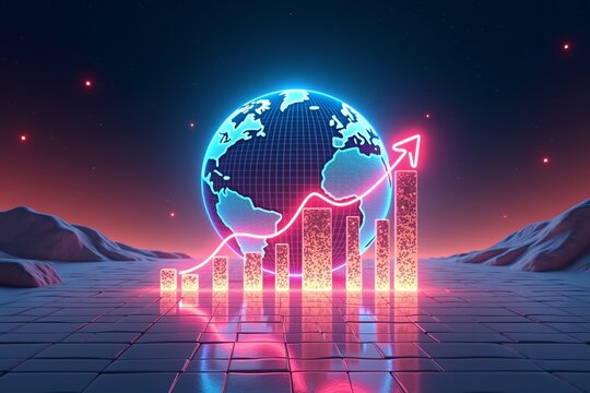 Neon globe over cityscape, glowing charts and arrows symbolize global economic growth under starry night sky.