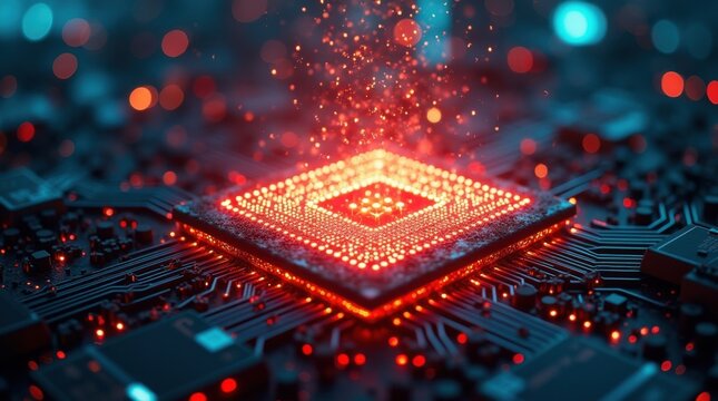 N&uacute;cleo del procesador sobrecargado emitiendo energ&iacute;a roja brillante, flujos de c&oacute;digo fragmentados dispers&aacute;ndose, fallo digital catastr&oacute;fico