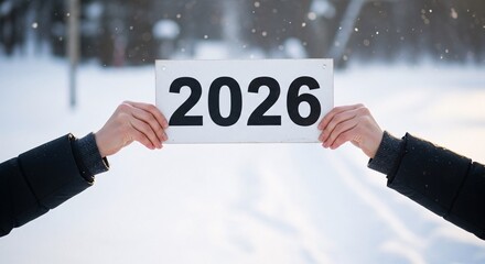 2026 Wooden Block Winter Snow Hands Holding New Year Outdoors