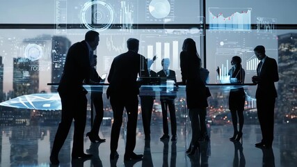 Business professionals collaborating in a modern office with digital data visualizations. - Powered by Adobe