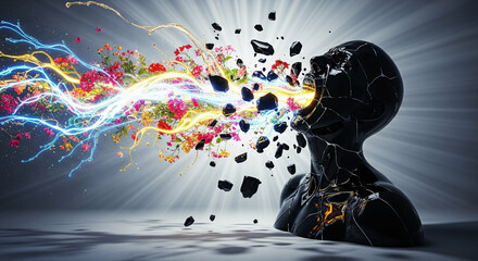 A striking surreal image showcases a cracked, glossy black obsidian statue of a screaming figure, from whose shattered mouth and fractured form erupts a dynamic torrent of vibrant blue and yellow