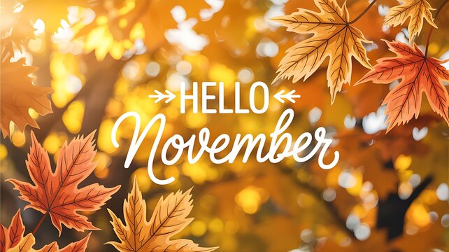 Warm and inviting autumn scene with vibrant fall foliage and a hello november message in elegant script