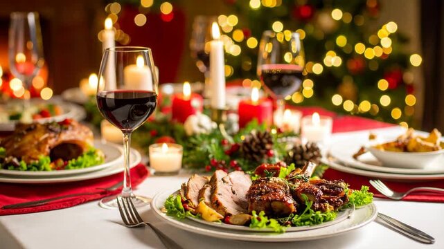Festive Christmas dinner setting with sliced meat and wine glasses on elegant table with tree lights background