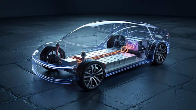 Futuristic transparent electric car chassis with illuminated battery pack and internal components on a dark textured surface