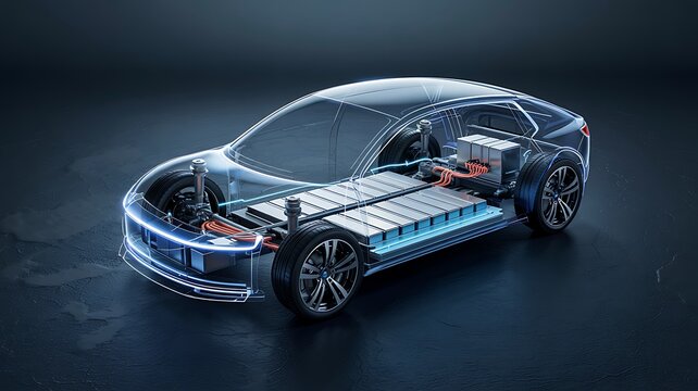 Futuristic transparent electric car showcasing its advanced battery pack and internal components in a dark studio setting