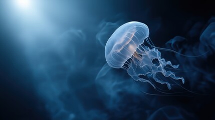 Stunning marine life scene featuring a translucent jellyfish drifting gracefully in the deep sea with bioluminescent glow and vibrant ocean environment