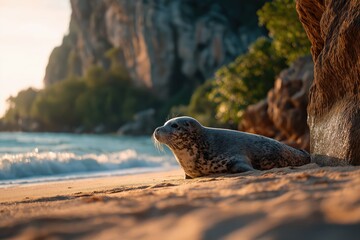 Serene seal resting on sandy beach by rocky coastline with ocean waves and sunlight showcasing marine wildlife in a peaceful natural outdoor environment