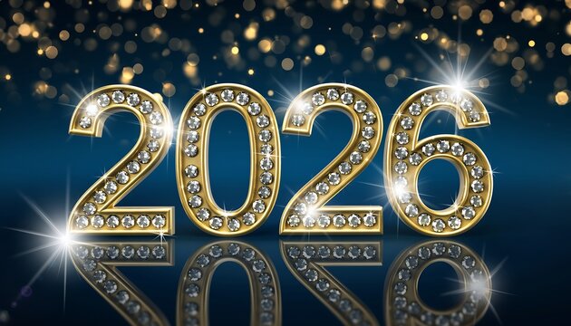 Sparkling golden numbers 2026 illuminated with glitter and bokeh lights reflecting on a dark surface