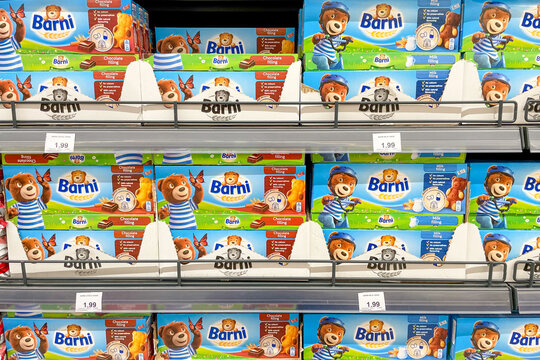 Bar, Montenegro, 17 October 2025, Barni sweets snacks on shelf of supermarket