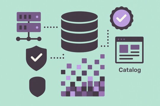Abstract representation of digital data management focusing on database architecture security protocols with elements of verification and catalog organization captured with clarity