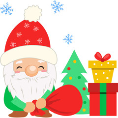 Jolly Santa Claus Character With Red Hat And Bag Of Gifts Festive Christmas Tree And Snowflakes Merry Holiday Celebration