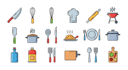 Vibrant and Diverse Cooking Icon Bundle: A Comprehensive Collection of Kitchen Utensils, Barbecue Grill, Delicious Dishes, and Dining Plates, Perfect for Graphic Design, App Development, and Culinary