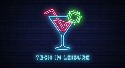 Tech in leisure neon sign, cocktail glass with microchip, technology and relaxation concept, nightlife and innovation, glowing