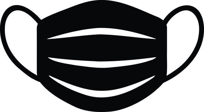 A black and white illustration of a face mask, designed to protect against airborne particles and viruses, promoting safety and health