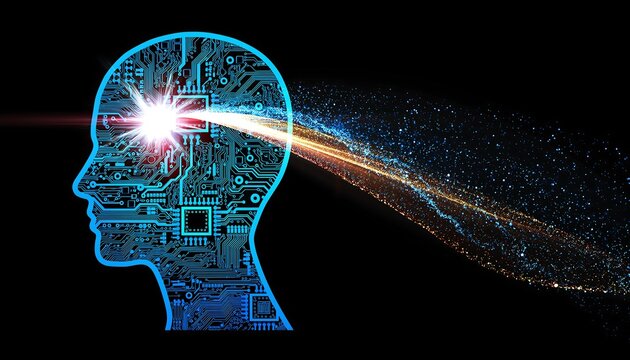 Abstract depiction of artificial intelligence and neural network activity within a human head silhouette emitting light particles