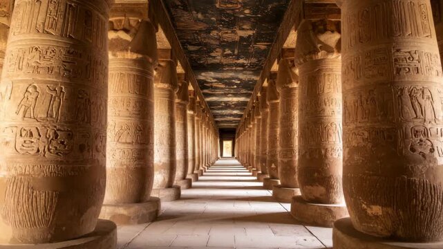 Ancient temple corridor featuring rows of columns adorned with intricate carvings, creating a historical architectural perspective.