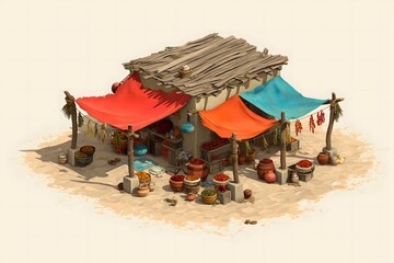 Colorful Market Stall with Spices, Fruits, and Vibrant Canopies