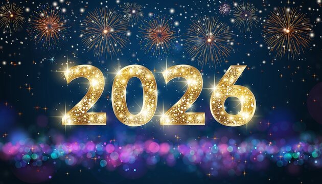 Sparkling golden numbers of 2026 illuminated against a dark sky with festive fireworks and colorful bokeh lights