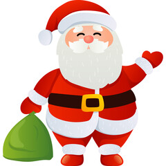 Jolly Santa Claus Waving Hand Holding Green Gift Bag Wearing Red Suit White Fur Trimmed Hat Mittens and Boots With Golden Buckle Belt Festive Cheerful Character