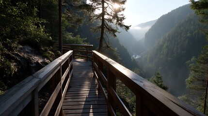 Wooden walkway through a mountainous landscape with a vibrant sky.