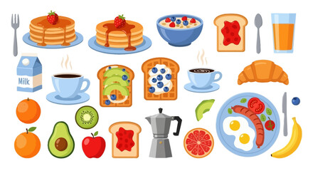 Delicious Assortment of Breakfast Foods Pancakes, Toast, Eggs, and Fruit