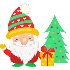 Joyful Santa Claus Wearing Striped Hat Holding Gift Box Beside Decorated Christmas Tree Festive Winter Holiday Illustration