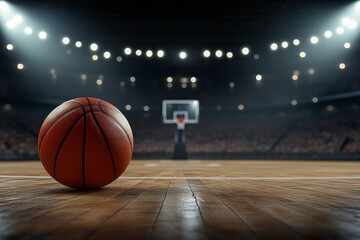Energetic Basketball Player in Action on Court, Intense Match Atmosphere with Bright Spotlight