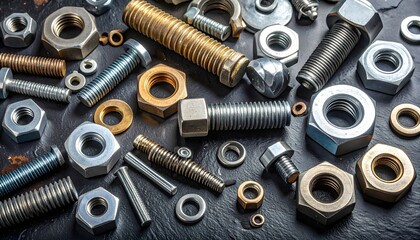 Closeup of metal nuts and bolts used in construction and hardware tools