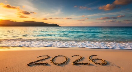 New year 2026 written in sand on a tropical beach at sunset