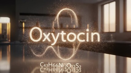 Oxytocin molecule chemical formula glowing with floating particles in warm modern lab sunrise light - Powered by Adobe