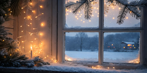 Frosted winter window with warm fairy lights and snowflakes outside. Cozy Christmas ambiance perfect for winter design, greeting cards, and seasonal backgrounds.