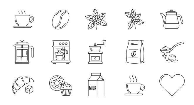 A collection of minimalist line icons representing various coffee-related elements, including a steaming cup, coffee bean, coffee plant, kettle, French press, espresso machine, grinder, coffee bag