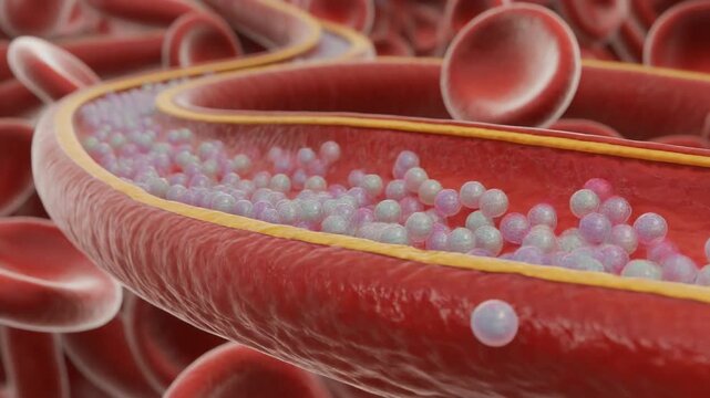 Bloodstream glowing spheres transferring medicine slowly inside red blood vessel vessel
