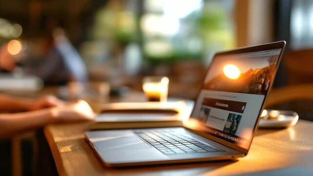 A mixed age group studies online courses in a cozy cafe hyper realistic laptop screens with vivid content moody shadows on tables bright saturation in learning materials online