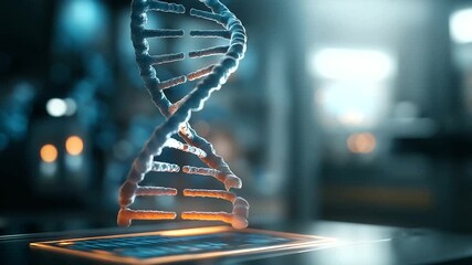 A photorealistic DNA double helix floats in a high tech medical lab with a holographic interface hyper realistic genetic visuals with clear details moody shadows on lab surfaces - Powered by Adobe