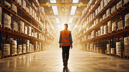 Woman Walks Through Large Storage Warehouse During the Daytime - Powered by Adobe