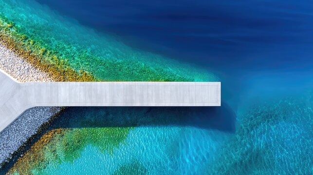 Modern concrete pier extending into bright turquoise blue ocean water with sparkling sunlight on the surface and colorful pebbles on the shore overhead drone view