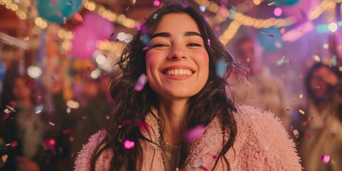 Girl winks laughing amid falling confetti under colorful party spotlights bokeh. Euphoric New Year celebration, wild midnight dance ecstasy vibe.