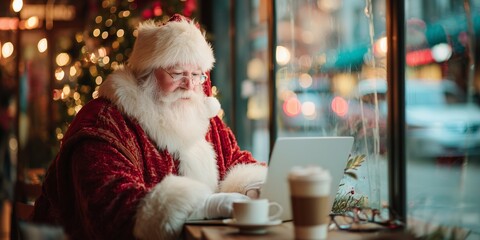 Santa Claus working on a laptop in a cozy cafe. Urban winter backdrop, soft bokeh, coffee cup nearby, festive business concept.
