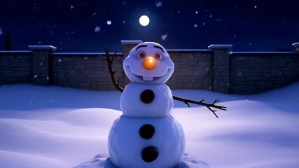 Sentient snowman with a glowing nose waving in a moonlit backyard with falling snow, concept of friendly whimsical winter magic - Powered by Adobe