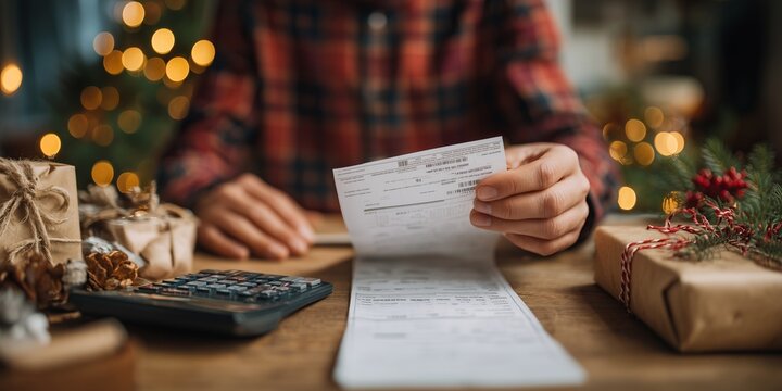 Hand holding a long receipt among Christmas decorations and wrapped presents. Financial stress and consumerism during holidays.