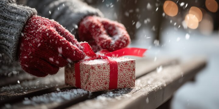 Gloved hands tying a red ribbon on a wrapped gift outdoors on a snow-covered bench. A simple and heartfelt winter moment.