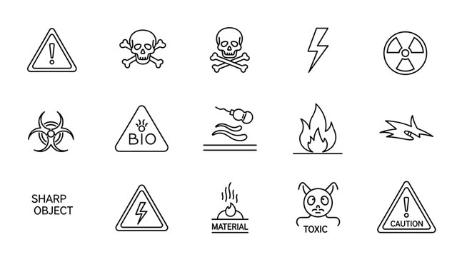 Collection of line art warning and danger symbols, including biohazard, skull and crossbones, radiation, fire, electricity, toxic, caution, and sharp object icons, representing safety and hazard