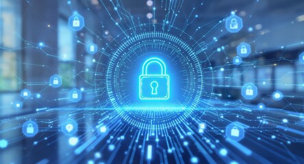 Cybersecurity in a Digital World: A luminous padlock, symbolizing security, is at the core of a web of interconnected digital elements, with data streams weaving and pulsing.
