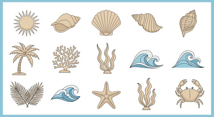 Coastal Charm Collection Seashells, Sun, and Sea Life Illustrations