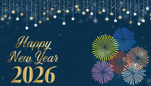 Festive happy new year 2026 greeting with colorful fireworks illuminating a dark blue night sky with hanging star lights
