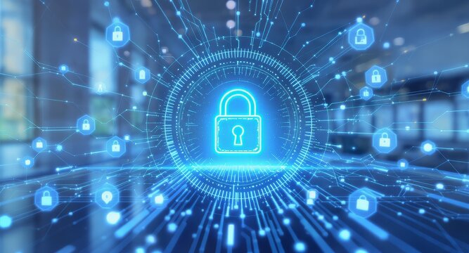 Cybersecurity in a Digital World: A luminous padlock, symbolizing security, is at the core of a web of interconnected digital elements, with data streams weaving and pulsing.